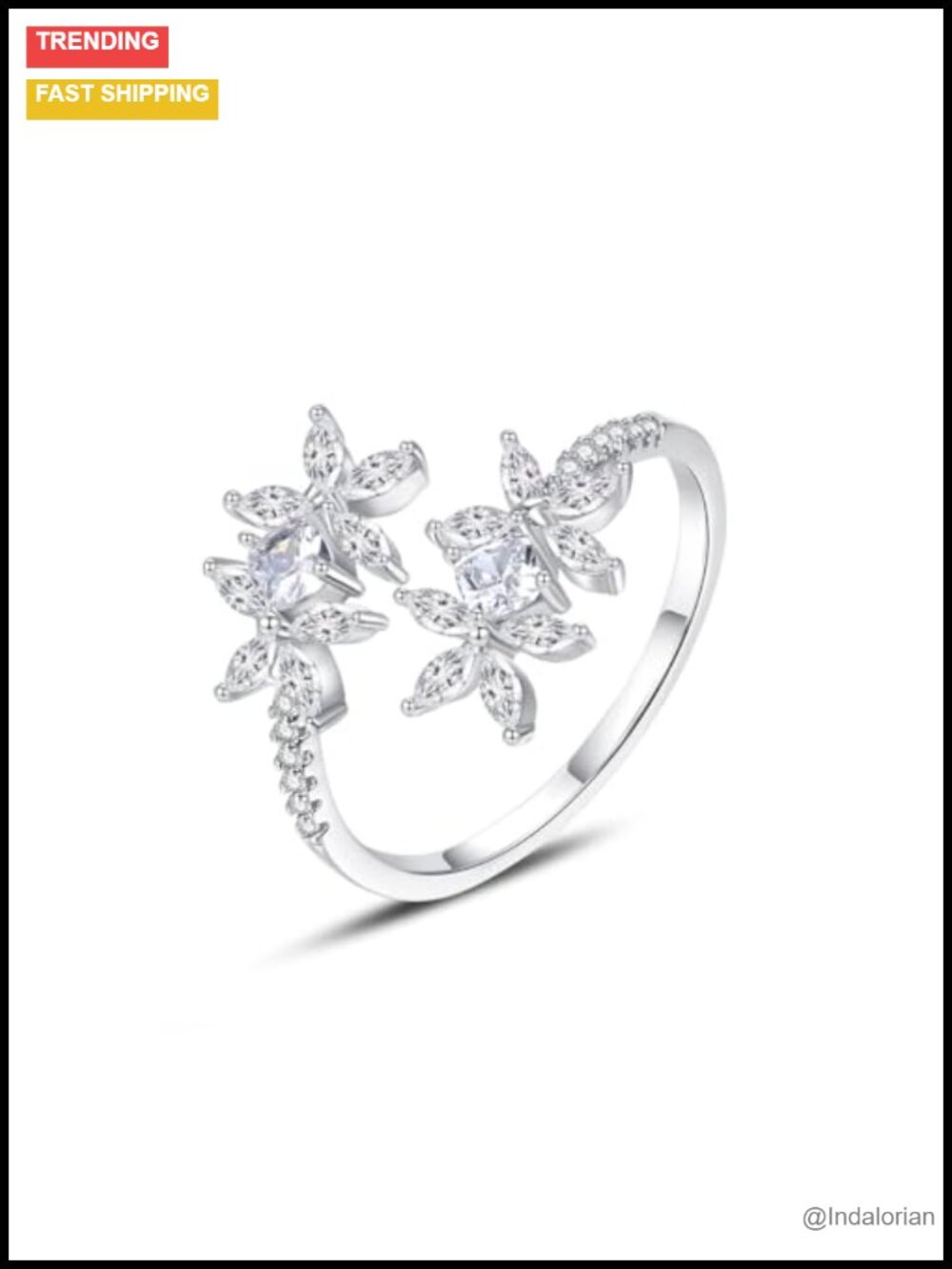 Moissanite Flower Open Ring 14K Gold Adjustable Wedding Gift